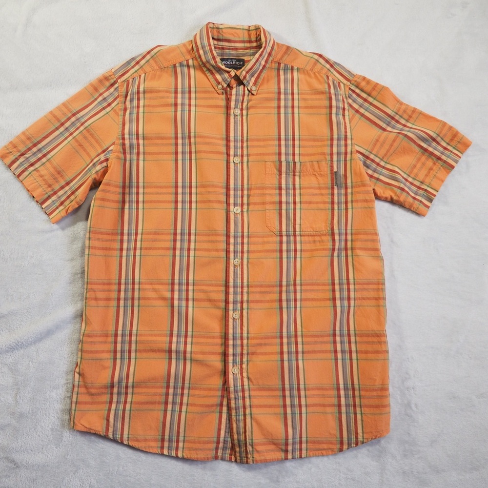 Woolrich Sz L Orange Plaid Button-Down Shirt 100% Cotton